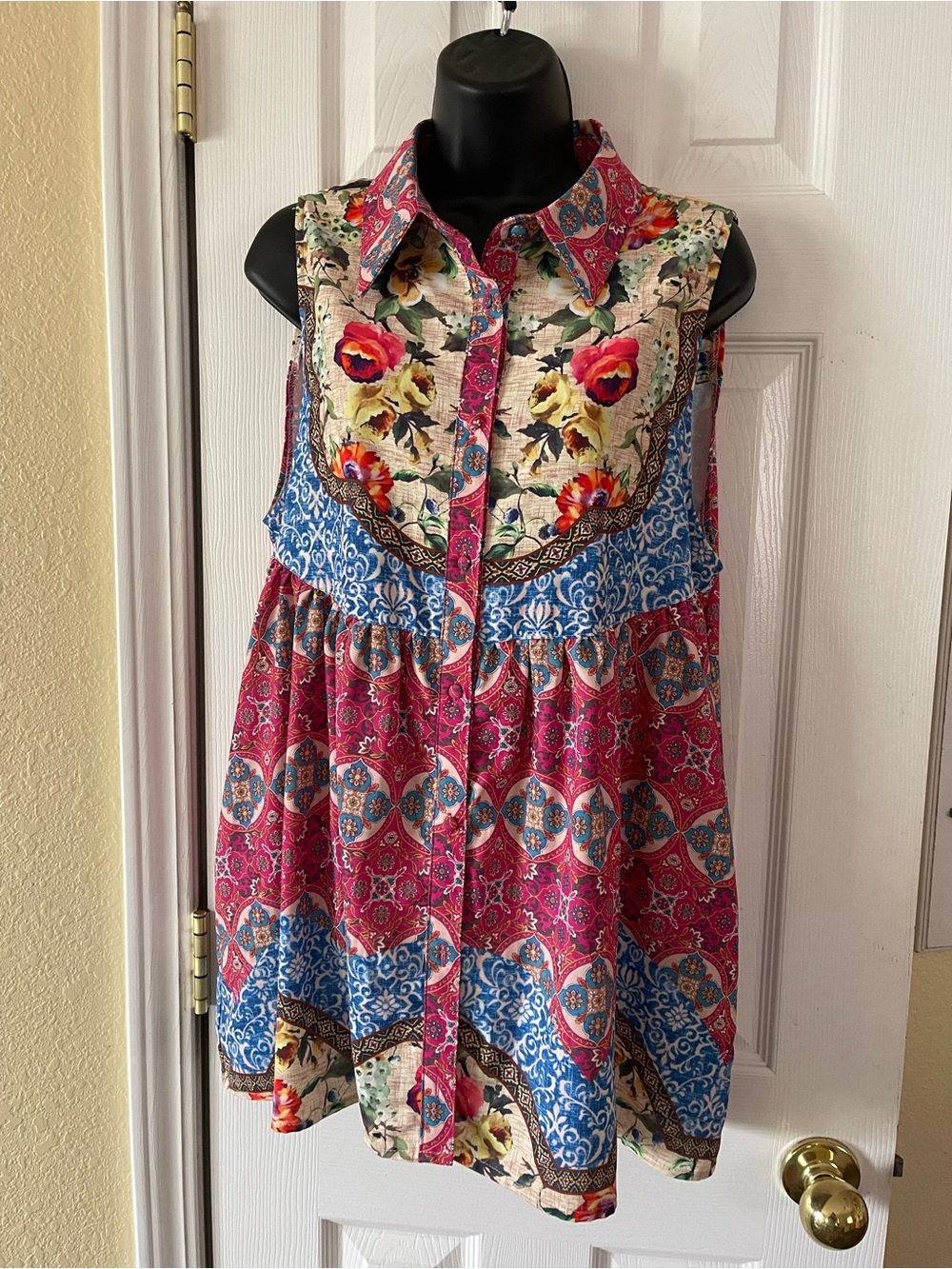 Umgee Girls Floral Patchwork Button-Front Dress - Pink, Blue, Cream